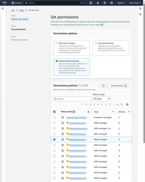 Select the Attach Policies Directly option and then select the policies that you want to assign.