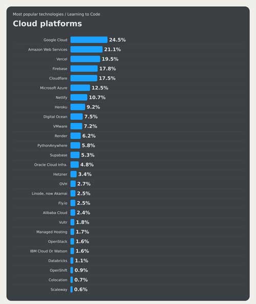 Most popular cloud platforms among those learning to code.