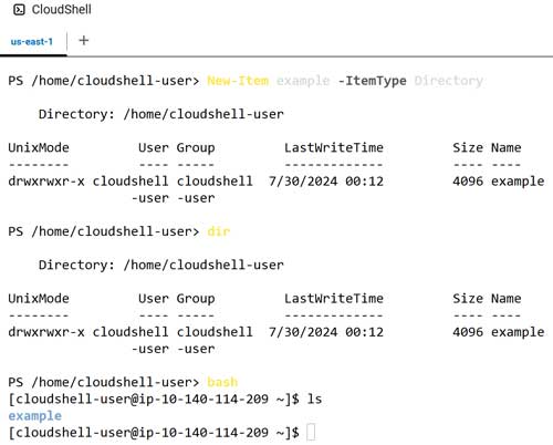 The Bash shell can access the folder that I created through PowerShell.