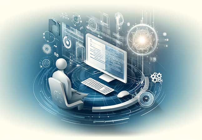 Illustration of a person working at a desktop PC