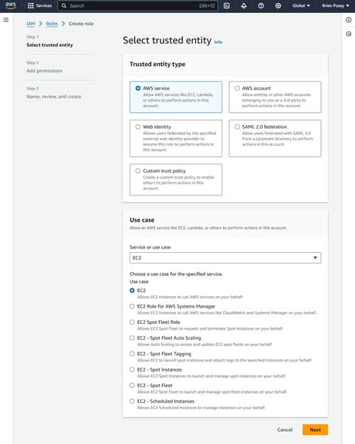 Set the Trusted Entity Type to AWS Service and set the  Service or Use Case option to EC2.