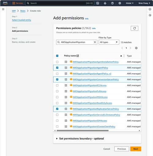 Select the required application migration permissions and  click Next.