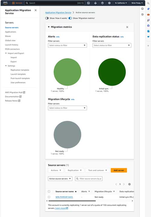 My server has been added to the Application Migration  Service console.