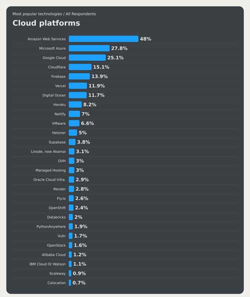 2024 SO Dev Survey: Most popular cloud platforms across all respondents.